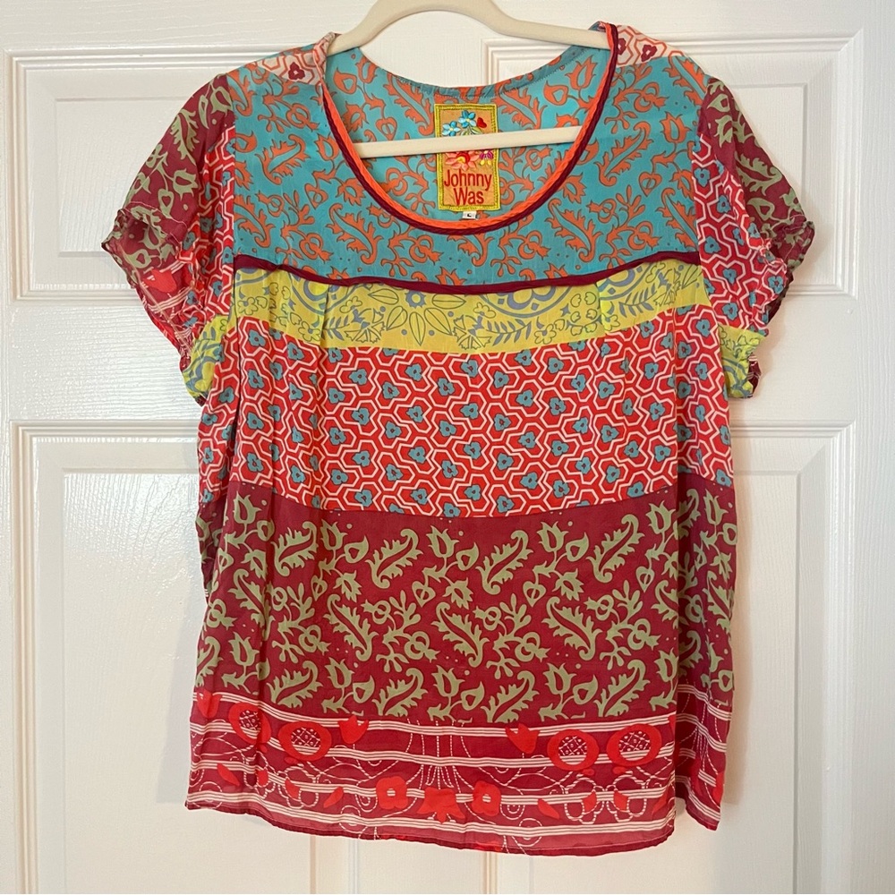 Johnny Was Top L Boho Red and Blue Patterned Short Sleeve Top